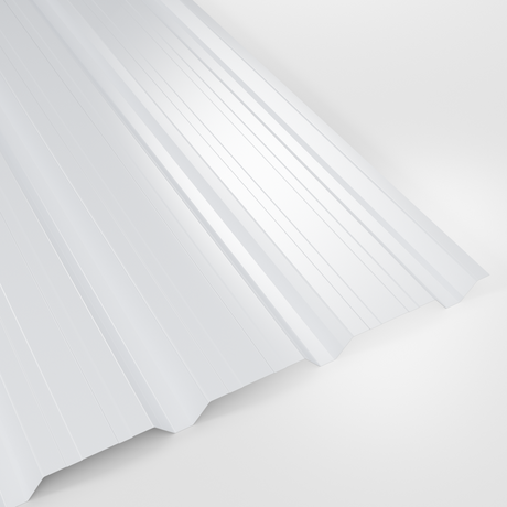 32/1000 box profile wall sheet in Polyester White, smooth gloss finish, studio view