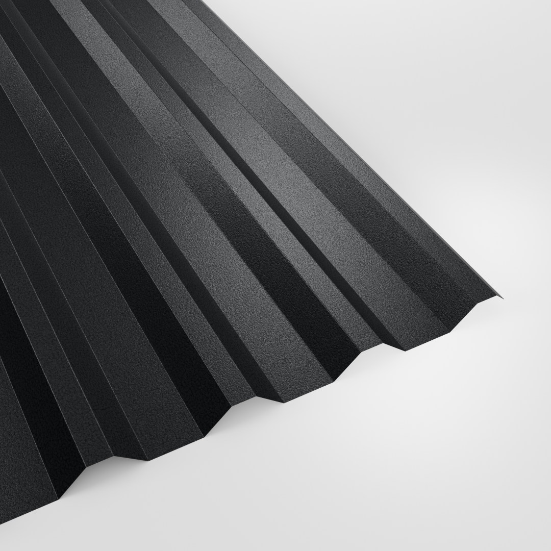 34/1000 box profile roof sheet in PVC Plastisol Anthracite (dark charcoal), textured finish, studio view