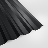 34/1000 box profile roof sheet in PVC Plastisol Anthracite (dark charcoal), textured finish, studio view