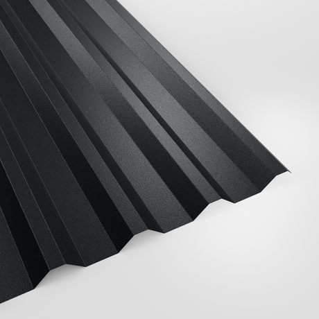 34/1000 box profile roof sheet in PVC Plastisol Anthracite (dark charcoal), textured finish, studio view