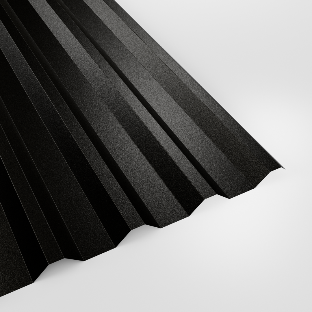 34/1000 box profile roof sheet in PVC Plastisol Black, textured finish, studio view