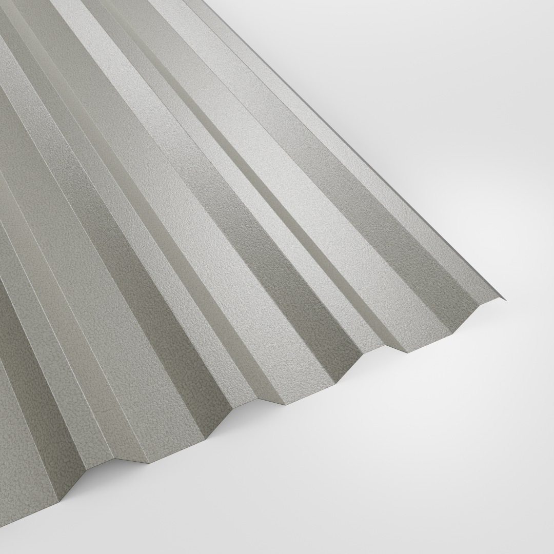 34/1000 box profile roof sheet in PVC Plastisol Goosewing Grey (pale grey), textured finish, studio view