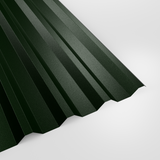 34/1000 box profile roof sheet in PVC Plastisol Juniper Green (deep green), textured finish, studio view