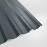 34/1000 box profile roof sheet in PVC Plastisol Merlin Grey (mid blue-grey), textured finish, studio view