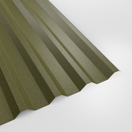 34/1000 box profile roof sheet in PVC Plastisol Moorland Green (muted khaki green), textured finish, studio view