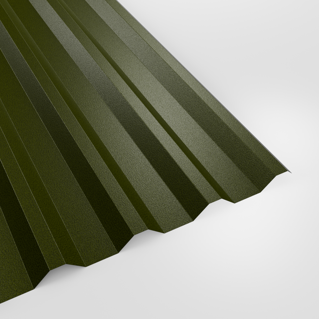 34/1000 box profile roof sheet in PVC Plastisol Olive Green (dark olive green), textured finish, studio view