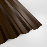 34/1000 box profile roof sheet in PVC Plastisol Van Dyke Brown (dark brown), textured finish, studio view