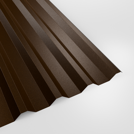 34/1000 box profile roof sheet in PVC Plastisol Van Dyke Brown (dark brown), textured finish, studio view