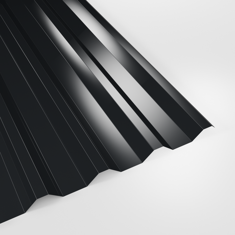 34/1000 box profile roof sheet in Polyester Anthracite (dark charcoal), smooth gloss finish, studio view