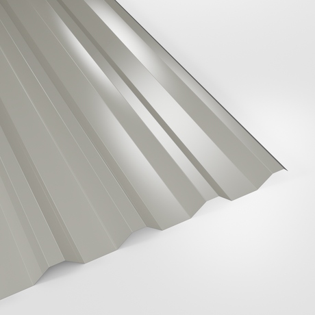 34/1000 box profile roof sheet in Polyester Goosewing Grey (pale grey), smooth gloss finish, studio view