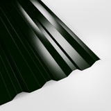 34/1000 box profile roof sheet in Polyester Juniper Green (deep green), smooth gloss finish, studio view