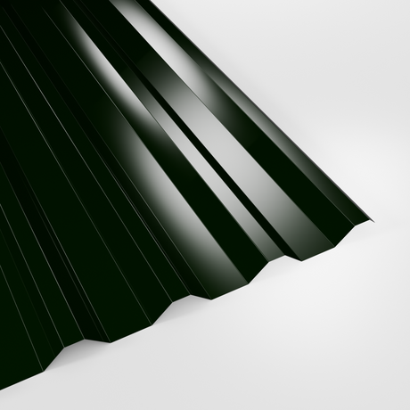 34/1000 box profile roof sheet in Polyester Juniper Green (deep green), smooth gloss finish, studio view