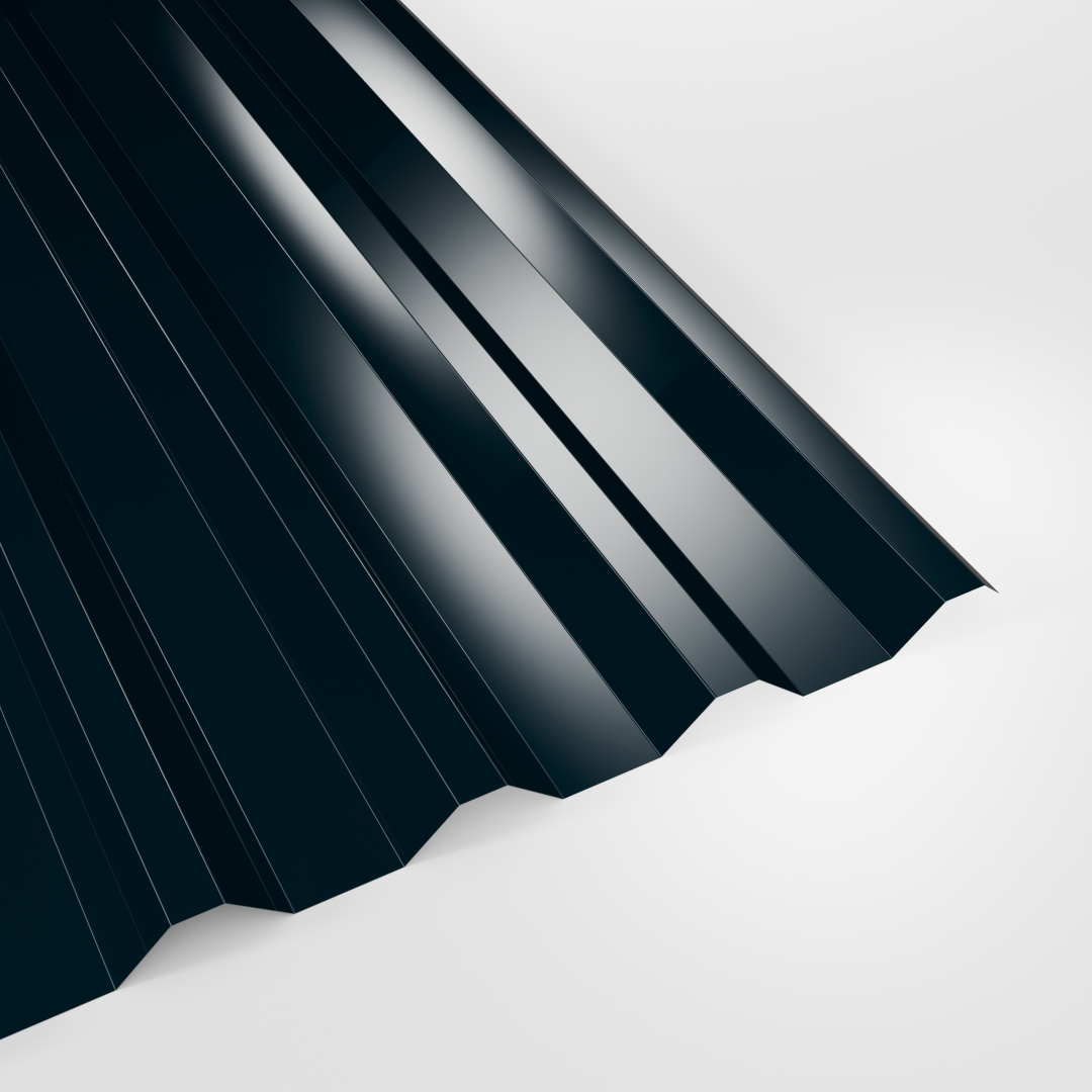 34/1000 box profile roof sheet in Polyester Slate Blue (dark blue-grey), smooth gloss finish, studio view