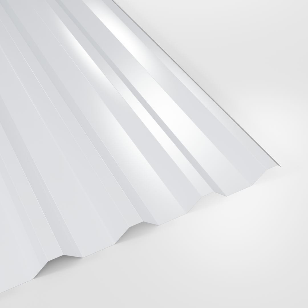 34/1000 box profile roof sheet in Polyester White, smooth gloss finish, studio view