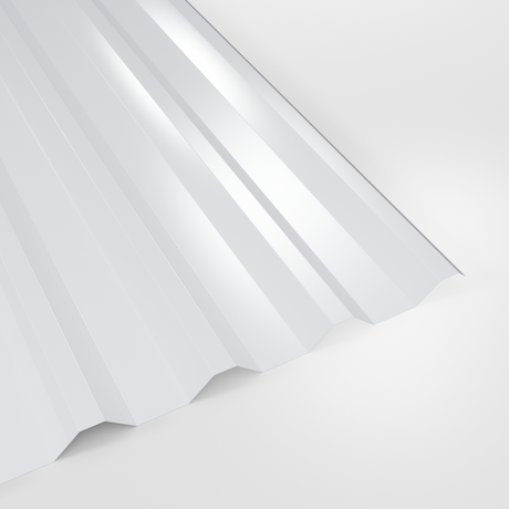 34/1000 box profile roof sheet in Polyester White, smooth gloss finish, studio view