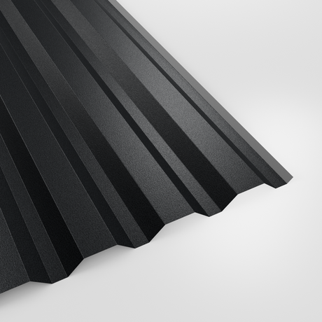 34/1000 box profile wall sheet in PVC Plastisol Anthracite (dark charcoal), textured finish, studio view