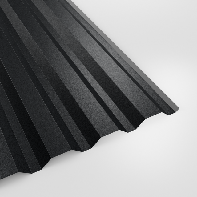 34/1000 box profile wall sheet in PVC Plastisol Anthracite (dark charcoal), textured finish, studio view