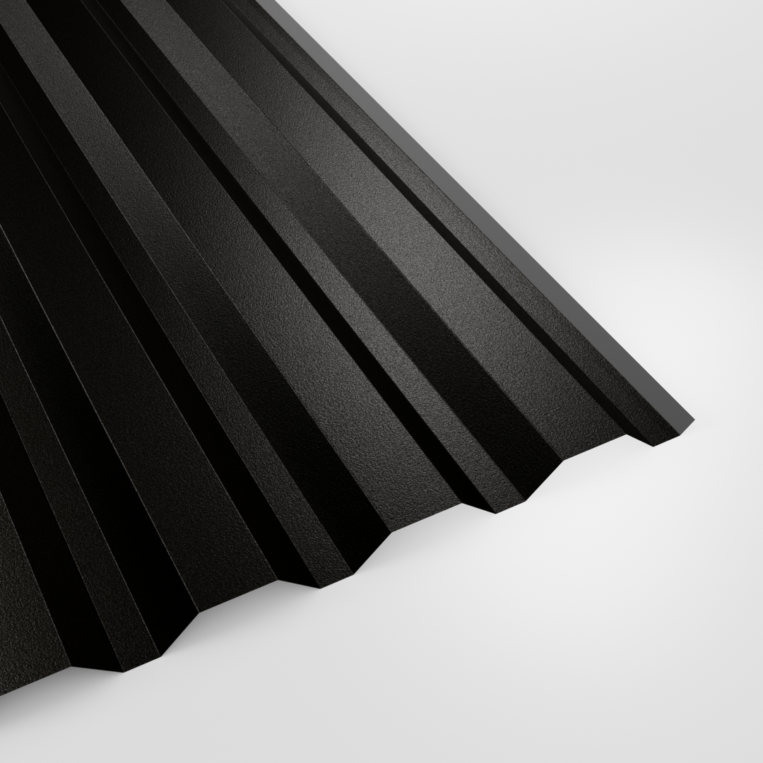 34/1000 box profile wall sheet in PVC Plastisol Black, textured finish, studio view