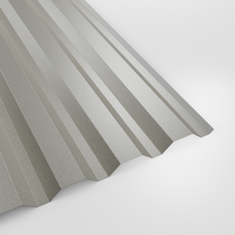 34/1000 box profile wall sheet in PVC Plastisol Goosewing Grey (pale grey), textured finish, studio view