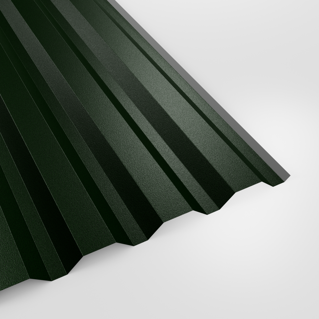 34/1000 box profile wall sheet in PVC Plastisol Juniper Green (deep green), textured finish, studio view