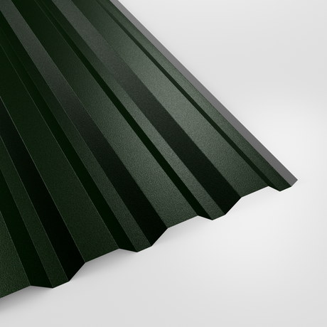 34/1000 box profile wall sheet in PVC Plastisol Juniper Green (deep green), textured finish, studio view