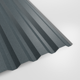 34/1000 box profile wall sheet in PVC Plastisol Merlin Grey (mid blue-grey), textured finish, studio view