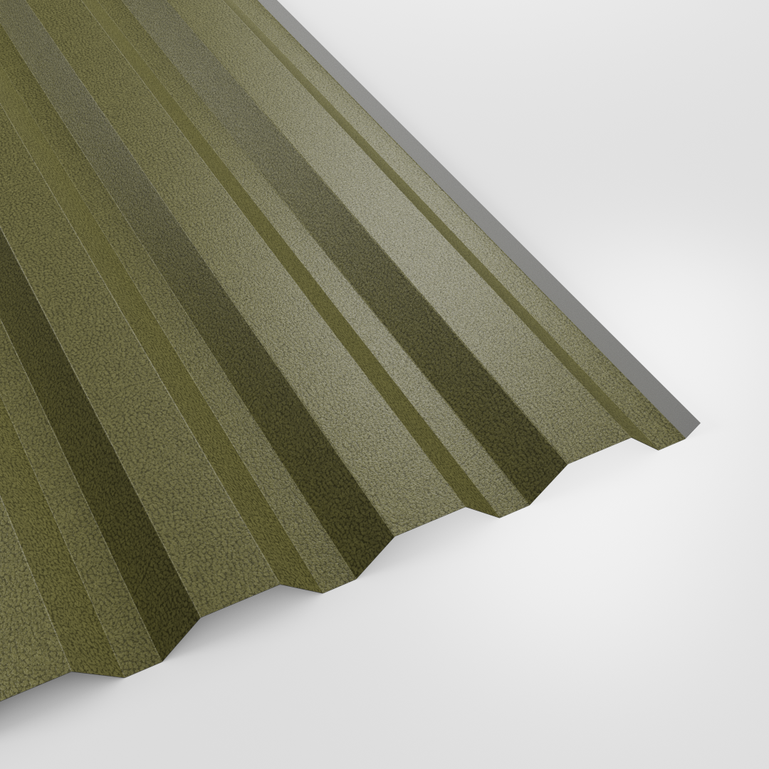 34/1000 box profile wall sheet in PVC Plastisol Moorland Green (muted khaki green), textured finish, studio view