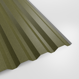 34/1000 box profile wall sheet in PVC Plastisol Moorland Green (muted khaki green), textured finish, studio view