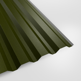 34/1000 box profile wall sheet in PVC Plastisol Olive Green (dark olive green), textured finish, studio view