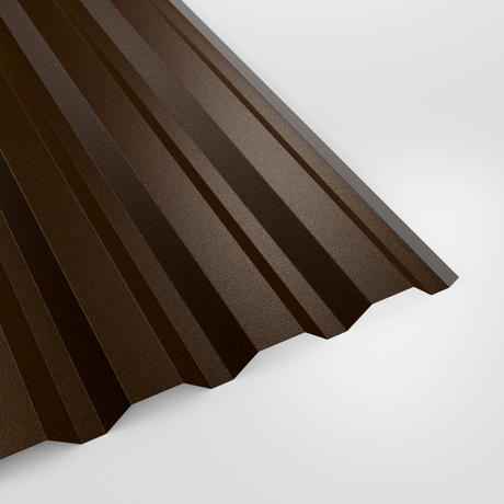 34/1000 box profile wall sheet in PVC Plastisol Van Dyke Brown (dark brown), textured finish, studio view
