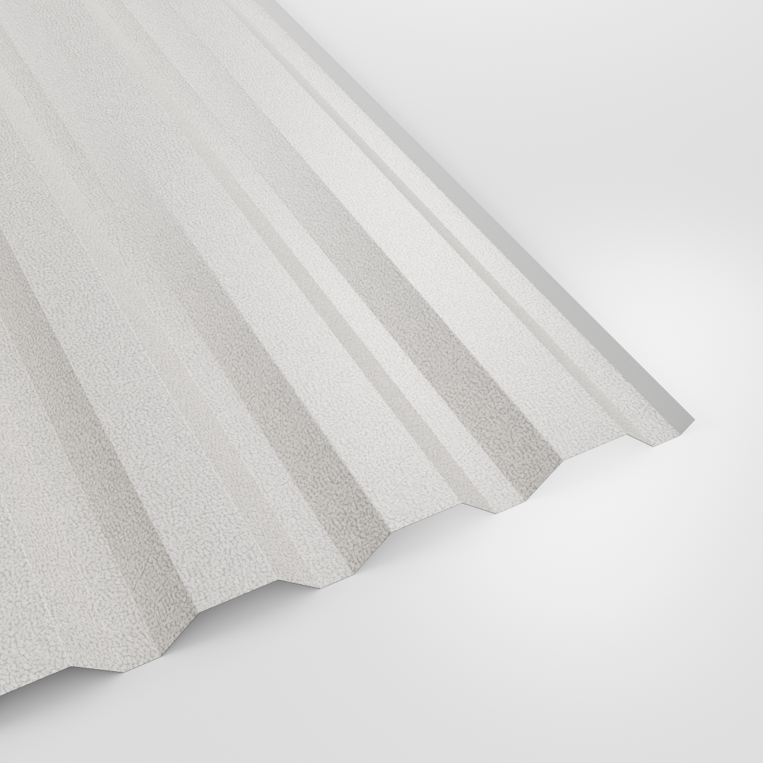 34/1000 box profile wall sheet in PVC Plastisol White, textured finish, studio view