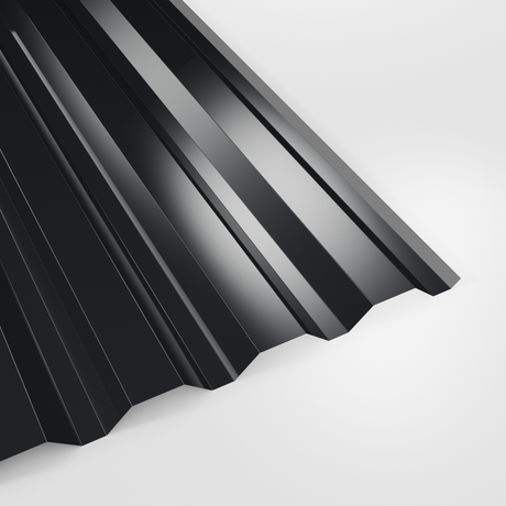 34/1000 box profile wall sheet in Polyester Anthracite (dark charcoal), smooth gloss finish, studio view