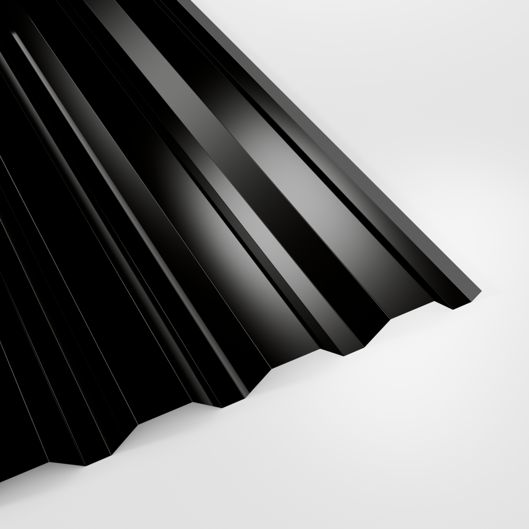 34/1000 box profile wall sheet in Polyester Black, smooth gloss finish, studio view