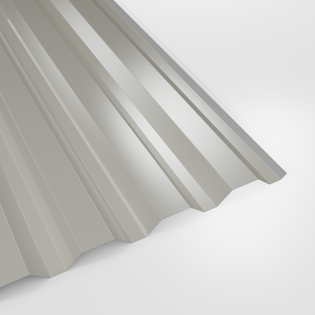 34/1000 box profile wall sheet in Polyester Goosewing Grey (pale grey), smooth gloss finish, studio view