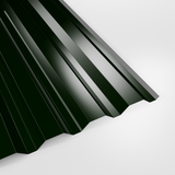 34/1000 box profile wall sheet in Polyester Juniper Green (deep green), smooth gloss finish, studio view