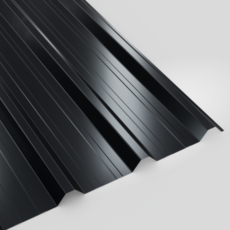 32/1000 box profile roof sheet in Polyester Anthracite (dark charcoal), smooth gloss finish, studio view