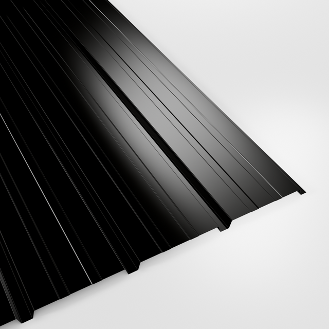 20/1000 liner profile Over Purlin (reverse) sheet in Black polyester, closely ribbed, studio view