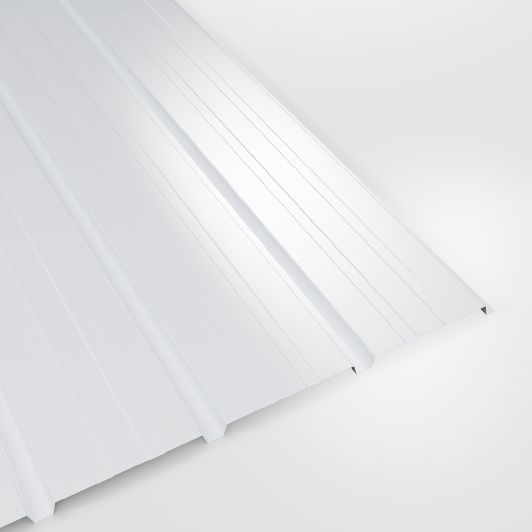20/1000 liner profile Over Purlin (reverse) sheet in White polyester, closely ribbed, studio view