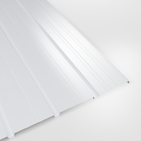 20/1000 liner profile Over Purlin (reverse) sheet in White polyester, closely ribbed, studio view