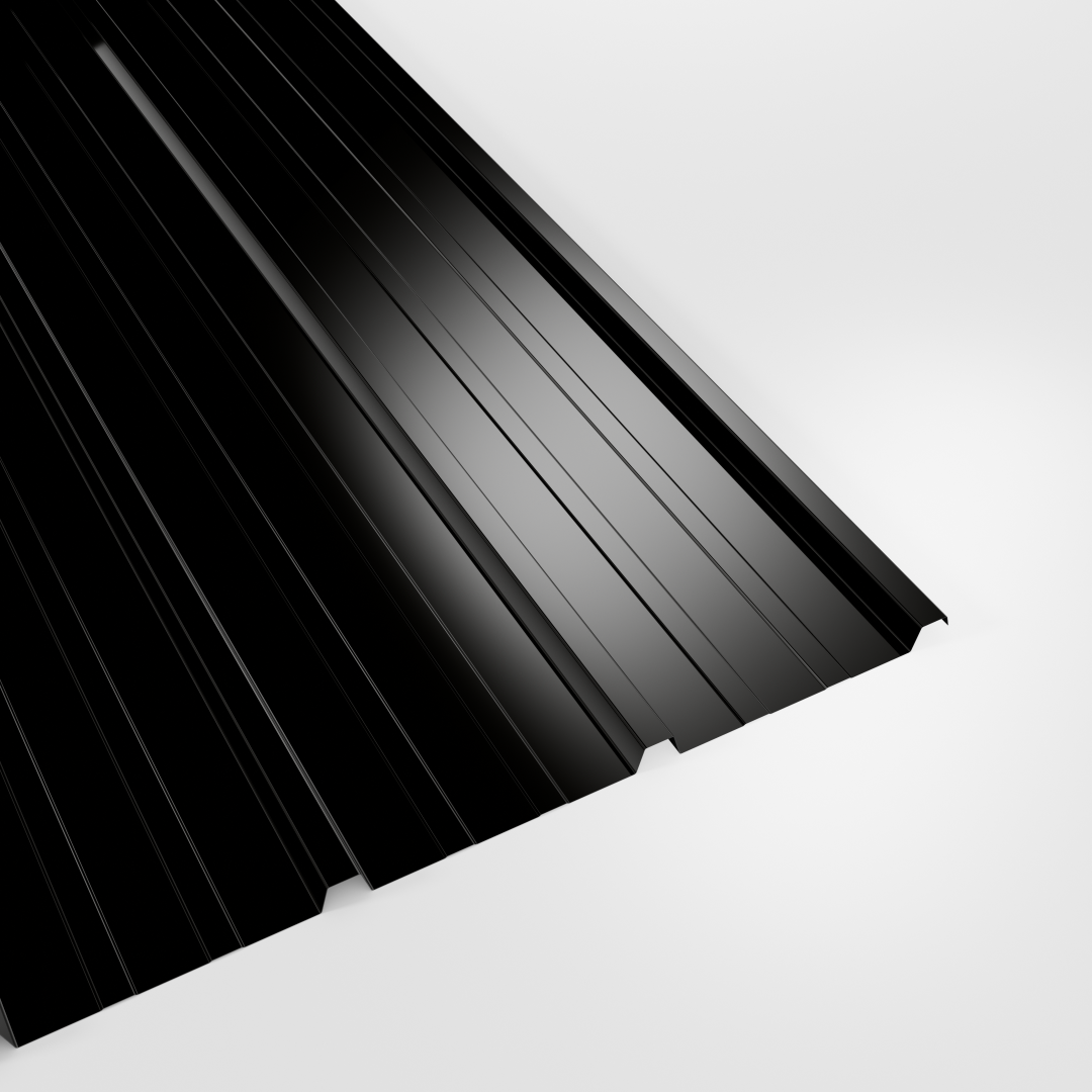 20/1000 liner profile Under Purlin (forward) sheet in Black polyester, closely ribbed, studio view