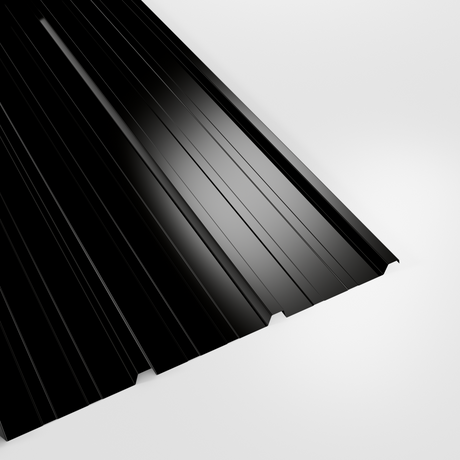 20/1000 liner profile Under Purlin (forward) sheet in Black polyester, closely ribbed, studio view
