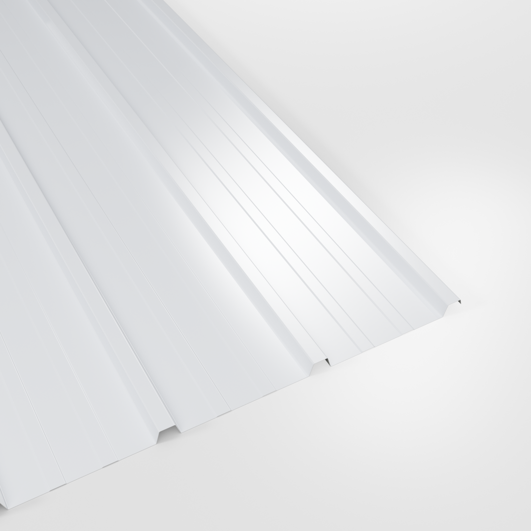 20/1000 liner profile Under Purlin (forward) sheet in White polyester, closely ribbed, studio view