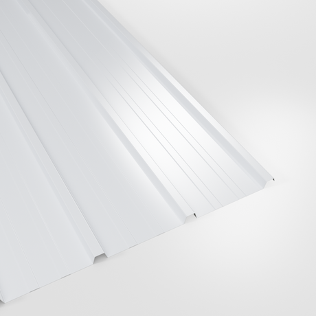 20/1000 liner profile Under Purlin (forward) sheet in White polyester, closely ribbed, studio view