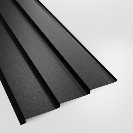 Metal shiplap wall cladding panel in Anthracite (dark charcoal) PVC Plastisol, grained finish, studio view