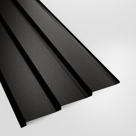 Metal shiplap wall cladding panel in Black PVC Plastisol, grained finish, studio view