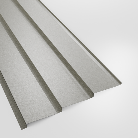 Metal shiplap wall cladding panel in Goosewing Grey (pale grey) PVC Plastisol, grained finish, studio view