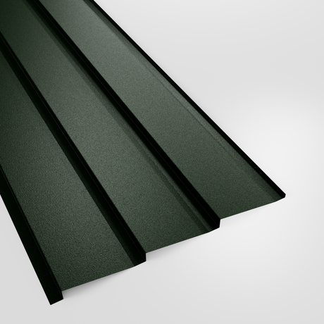 Metal shiplap wall cladding panel in Juniper Green (deep green) PVC Plastisol, grained finish, studio view