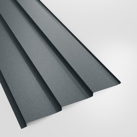 Metal shiplap wall cladding panel in Merlin Grey (mid blue-grey) PVC Plastisol, grained finish, studio view