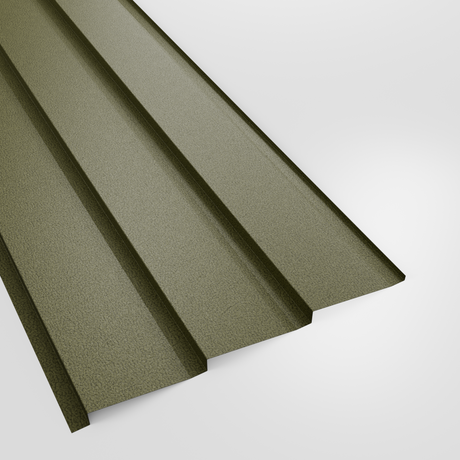 Metal shiplap wall cladding panel in Moorland Green (khaki olive) PVC Plastisol, grained finish, studio view