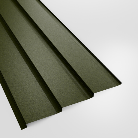 Metal shiplap wall cladding panel in Olive Green (dark olive) PVC Plastisol, grained finish, studio view